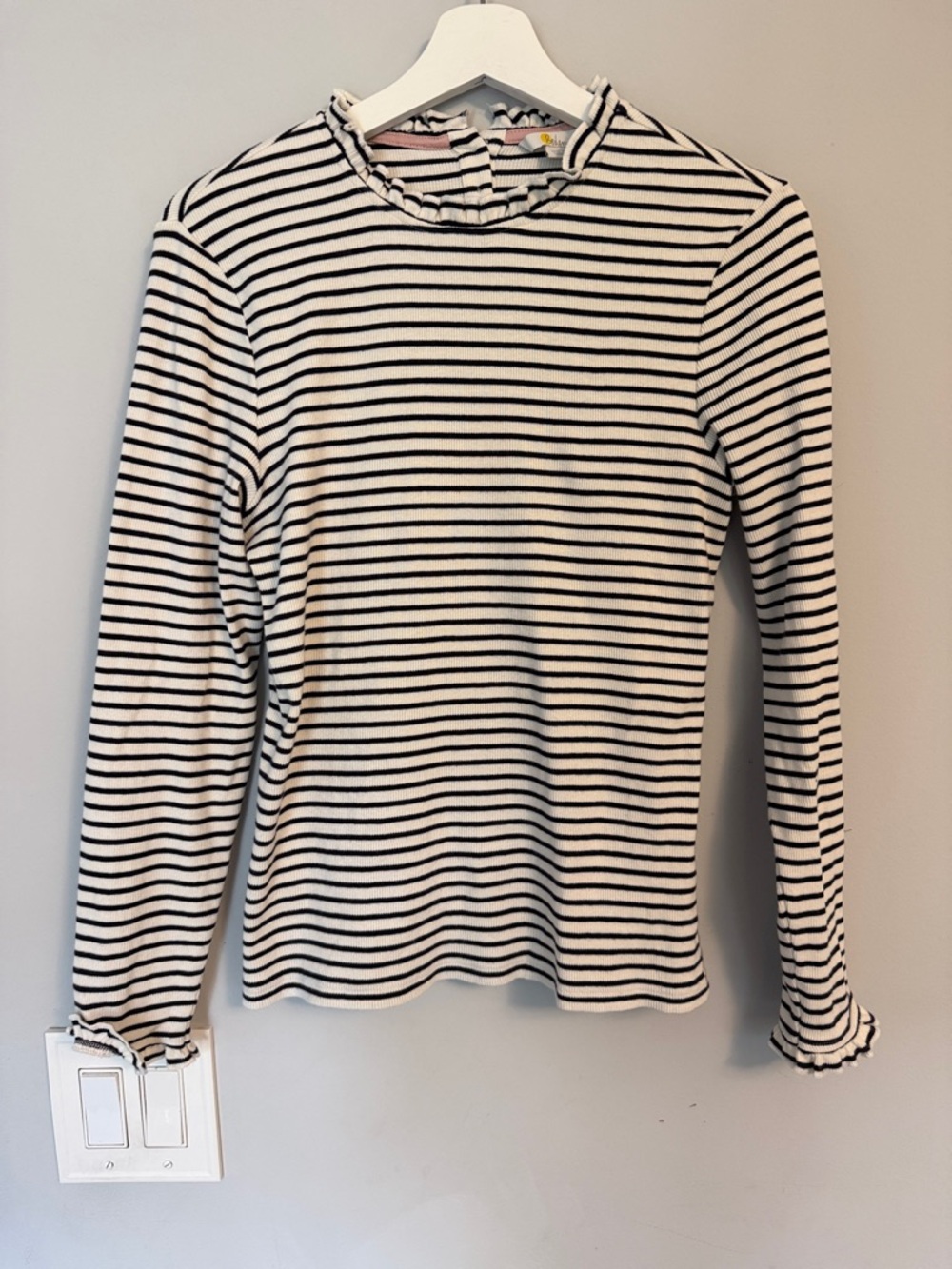 Boden Black & White Striped Ruffle-Trim Top